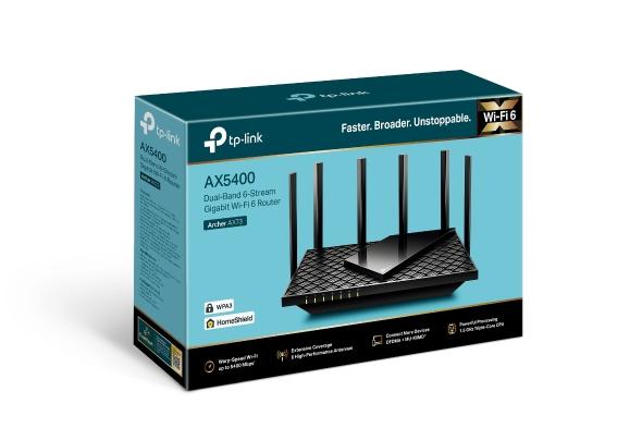 TP-LINK Archer AX73 AX5400 Dual-Band Wi-Fi 6 Router with six antennas and sleek design.